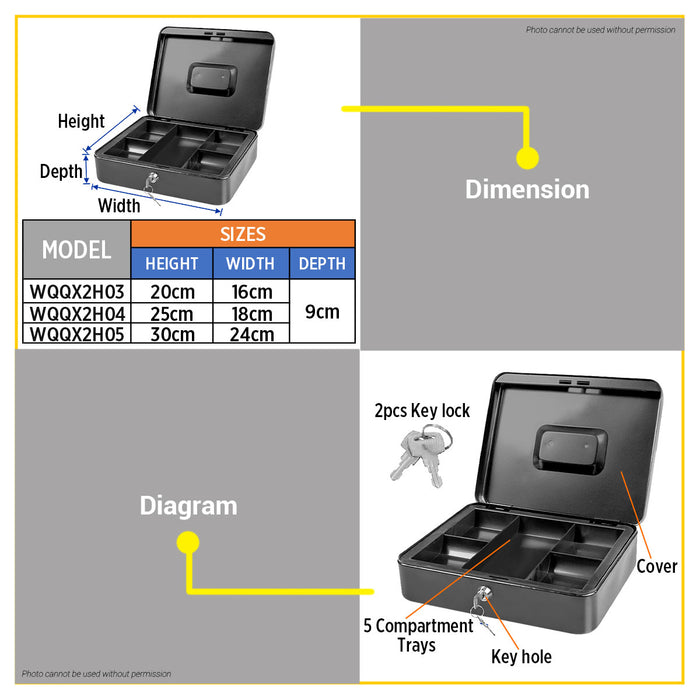 BUILDMATE Wadfow Cash Box With 5 Compartment Coin Tray Lockable Metal Secure Money Portable Cash Drawer Safe Box SOLD PER PIECE - WHT