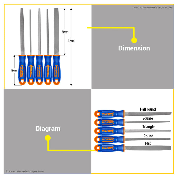 BUILDMATE Wadfow 5pcs Steel File Set 8" (200mm) Metalworking Filing Tools Sharpening Hand Files Metal Shaping Tool Kits WSF2405 - WHT