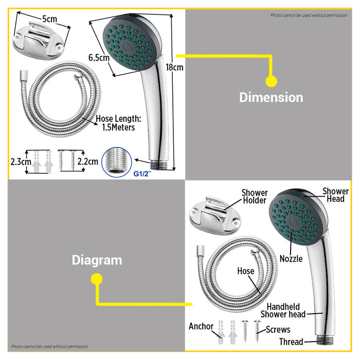BUILDMATE Wadfow 1/2" Detachable Hand Shower ABS Head Handheld Chrome Finish Shower Head Bathroom Hand Sprayer WSHS3401 - WHT