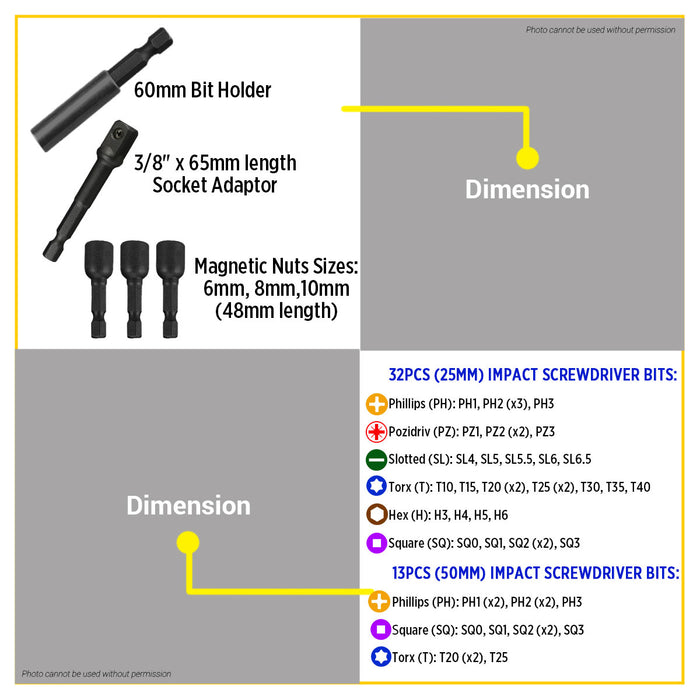 BUILDMATE Wadfow 50PCS/SET Impact Screwdriver Bits Set Accessories for Cordless Tools Compact DIY Multi-Bit Tool Kit WSV2005 - WHT