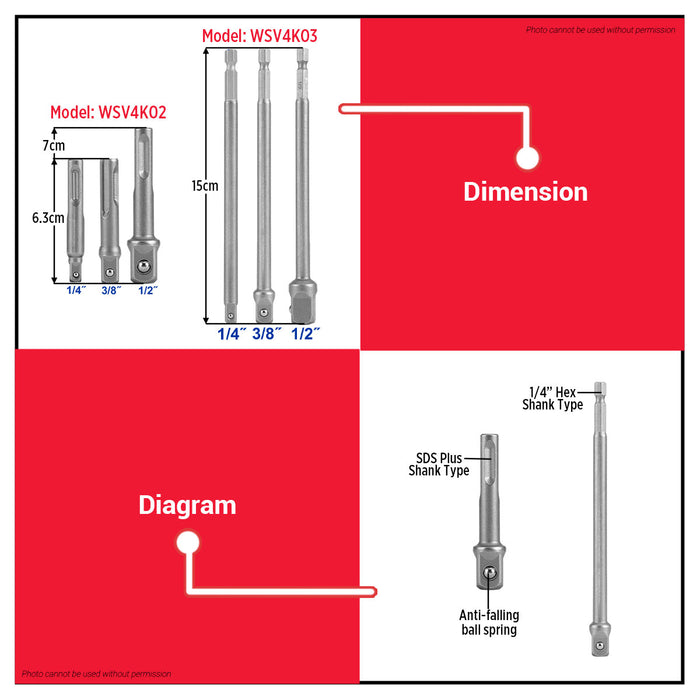 WADFOW 3PCS/Set SDS Plus | Hexagonal Shank Socket Adaptor WSV4K02 | WSV4K03 WHT - BUILDMATE