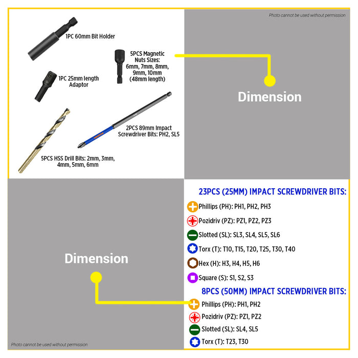 BUILDMATE Wadfow 45PCS/SET Impact Screwdriver Bits Set With Screwdriver Bit Holder DIY Multi-Bit Tool Kit Portable Tool Set WSV6545 - WHT