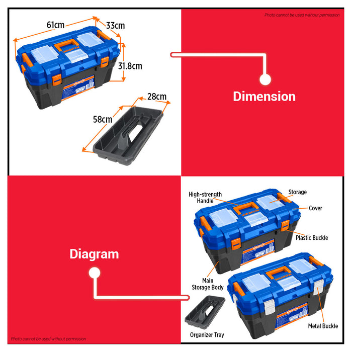 Wadfow 24" Heavy Duty Plastic / Metal Buckle Toolbox w/ Removable Tray Plastic Tool Storage Box Organizer With Lid Compartment & Handle SOLD PER PIECE - WHT