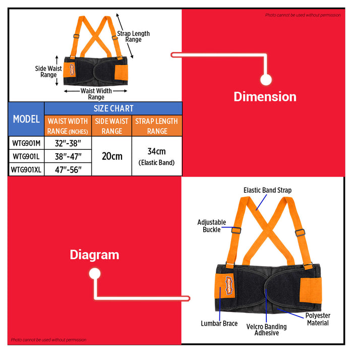 Wadfow M-XL Adjustable Back Support Belt Lumbar Brace Waist Protection for Lifting, Working | Lower Back Pain Relief SOLD PER PIECE - WHT