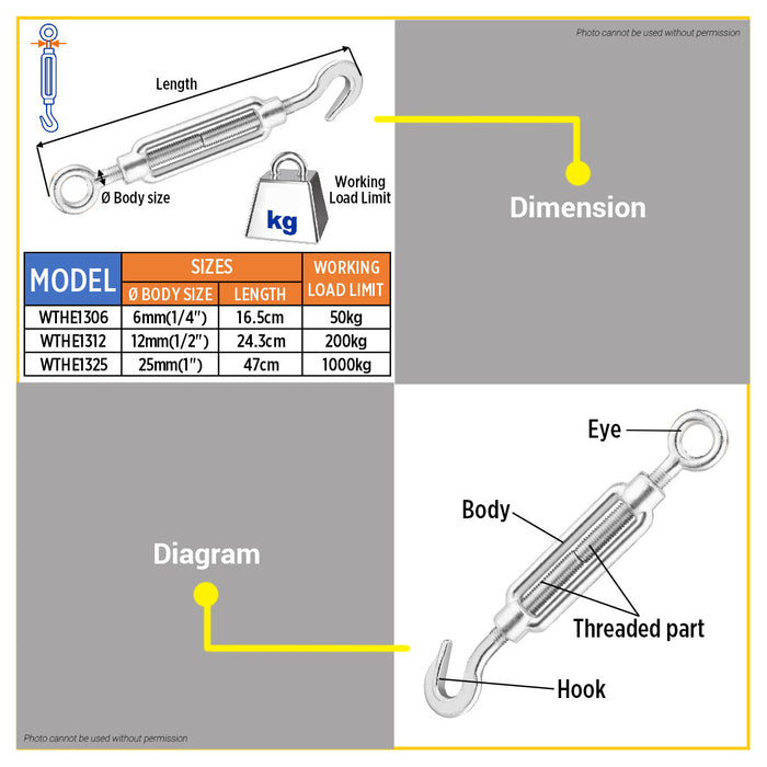 BUILDMATE Wadfow Carbon Steel Turnbuckle Hook and Eye Adjusters Straining Screw Cable Wire Rope Tensioner Metal Hook Turn Buckles Barrel Strainer - WHT