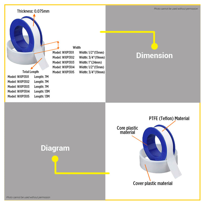 BUILDMATE Wadfow PTFE Teflon Thread Seal Tape 7m / 13m White Plumbers Sealant Threaded Joint Leak Proof Pipe Wrapping Tape SOLD PER PIECE - WHT
