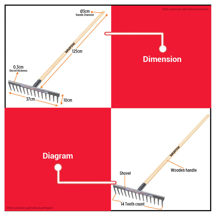 Wadfow 14T Heavy Duty Gravel & Landscaping Rake with Wooden Handle Wide Carbon Steel Head For Soil, Sand & Rock Leveling WXW1314 - WHT