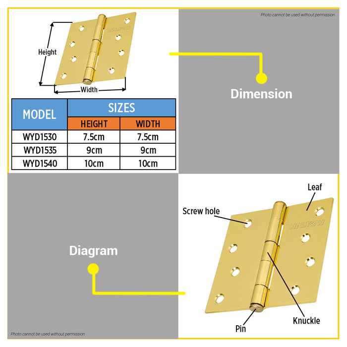 BUILDMATE Wadfow Hinges 3x3" / 3.5x3.5" / 4x4" with 1.4mm Thickness Brass Plated Bisagra with Screw For Furniture Door Cabinet SOLD IN PAIR - WHT