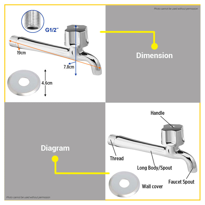 BUILDMATE Wadfow G1/2" Long Body Cold Water Tap Brass Wall Mounted Indoor/Outdoor Extended Spout Faucet WZD2505 - WHT
