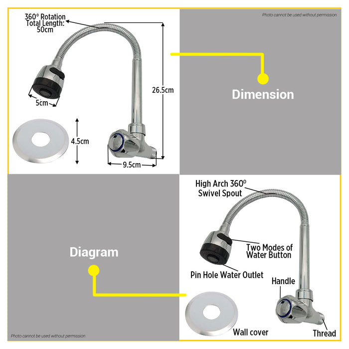BUILDMATE Wadfow Cold Water Faucet 360° Degree Universal Adjustment Dual Mode Wall Mounted Handwheel Kitchen Tap WZD4903 - WHT