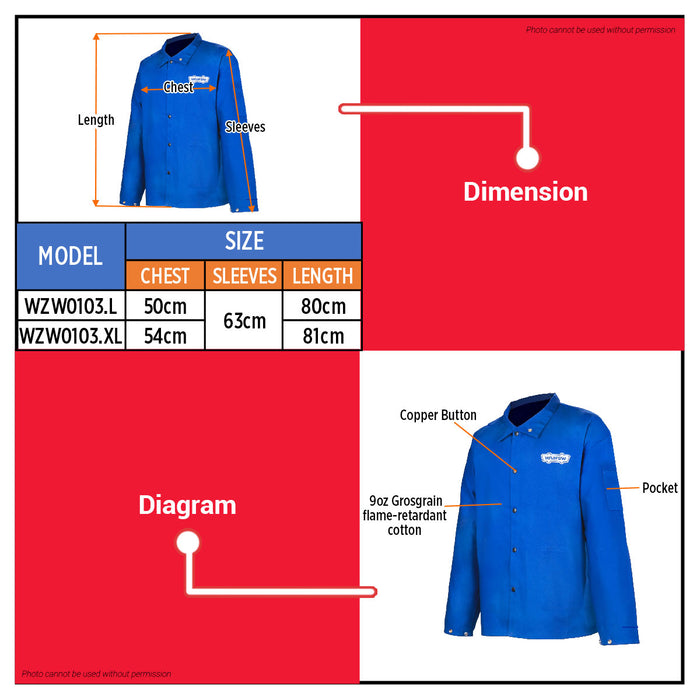 Wadfow L / XL Welding Jacket Flame Retardant Cotton Work Shirt | Fire Resistant Grosgrain Safety Coat w/ Button Closure WZW0103 - WHT