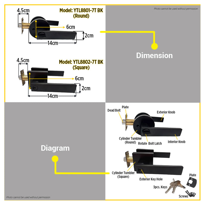 YALE Tubular Lever Style w/ Circle Corner (Black Finish) #YTL8801-7T BK