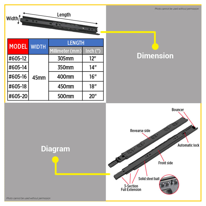 BUILDMATE Starwheel Full Extension Ball Bearing Drawer Slide Heavy Duty #605 12" / 14" / 16" / 18" / 20" inches [SOLD PER PAIR]