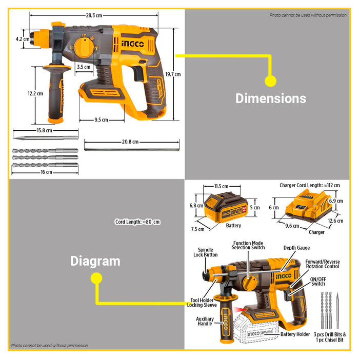 BUILDMATE Ingco 2PCS Combo Set 20V Cordless Rotary Hammer Chipping Gun Hand Blender COSLI240208 ICPT