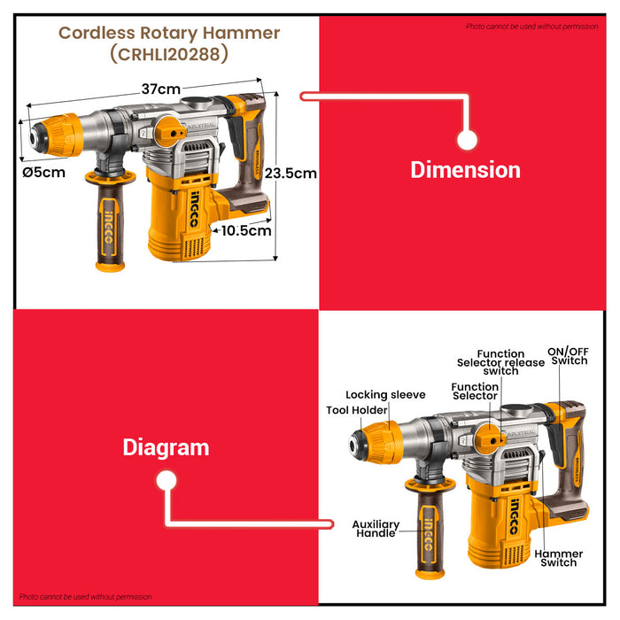 INGCO 3pcs 20V Brushless Cordless Power Tool Combo Kit with Rotary Hammer, Impact Wrench & Drill Driver Tool Set CKLI20638 - ICPT