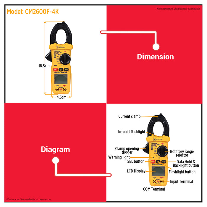Powerhouse Digital Clamp Meter 4,000/ 6,000 Counts AC/DC Voltage 600V/CAT II  PHHT