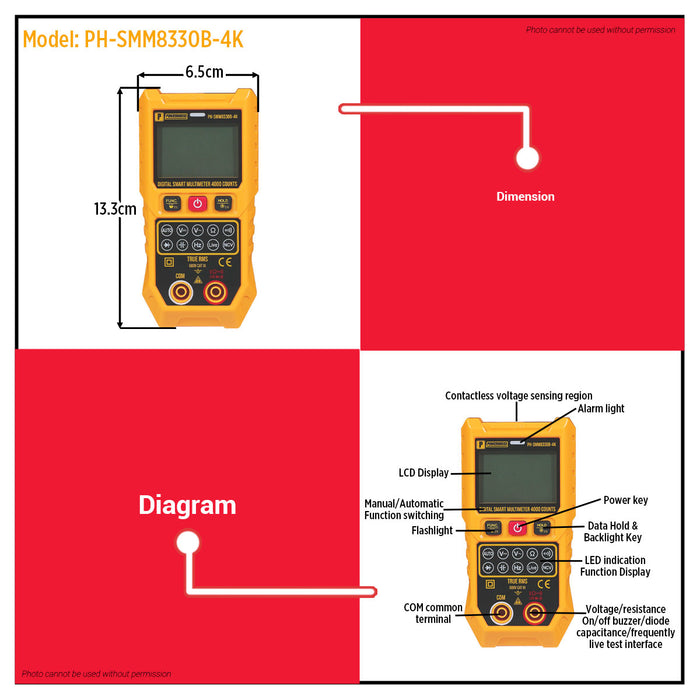 Powerhouse Digital Smart Multimeter True RMS AC DC Voltage Tester Auto Range Meter with NCV Detection for Electricians Technicians & DIY Users - PHHT