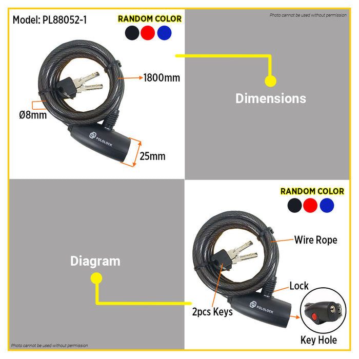 Pololock Coil Cable Bicycle Lock with Keys 8mm x 1800mm 1*48 PL88160-4 (old model: PL88052-1)
