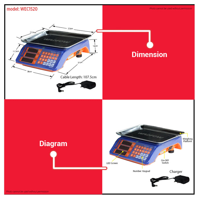 BUILDMATE Wadfow Electronic Digital Weighing Scale 30kg Rechargeable Kitchen Measuring Tool Timbangan WEC1520 - WPT