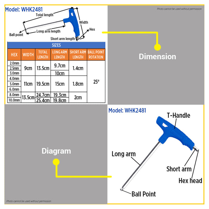 BUILDMATE Wadfow 8pcs T-Handle Wrench Set Torx / Ball Point / Hex Key With T-Shape Wrench Bar Handle Driver Spanner Grip Tool Repair Hand Tools Set - WHT
