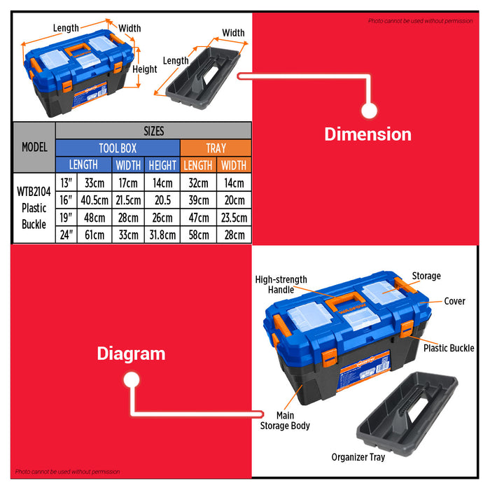 Wadfow 4pcs Metal / Plastic Buckle Tool Box Set w/ Trays Storage Compartments Stackable Plastic Tool Kit Organizer SOLD PER SET - WHT