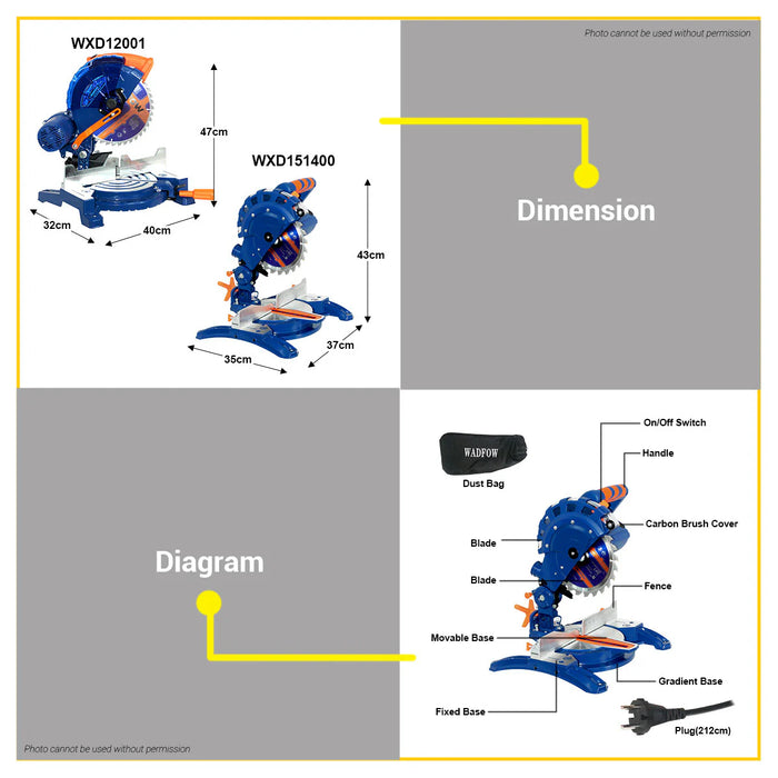 BUILDMATE Wadfow Mitre Saw 1200W / 1400W / 1800W with Dust Bag Wood Cutter Woodworking Cutting Machine Miter Saw  - WPT
