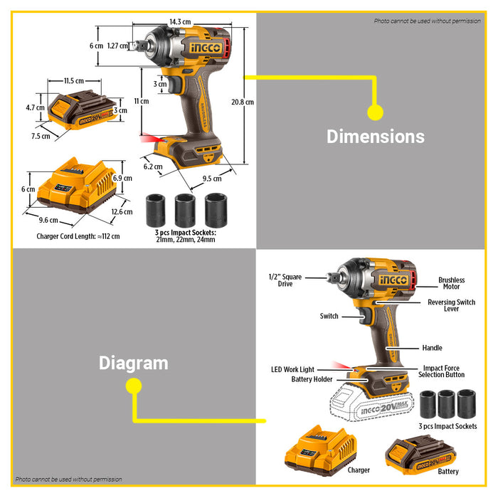 BUILDMATE Ingco 3pcs Cordless Combo Kit 20V Brushless Lithium-Ion Impact Wrench with Cordless Polisher and Hand Blender COSLI240686 - ICPT