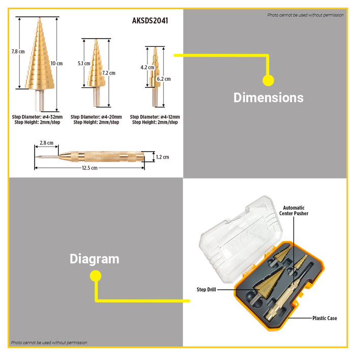 BUILDMATE Ingco Step Drill Bit Set  HSS 4341 Cone Drilling Bits for Sheet Metal Wood Plastic SOLD PER SET - IHT