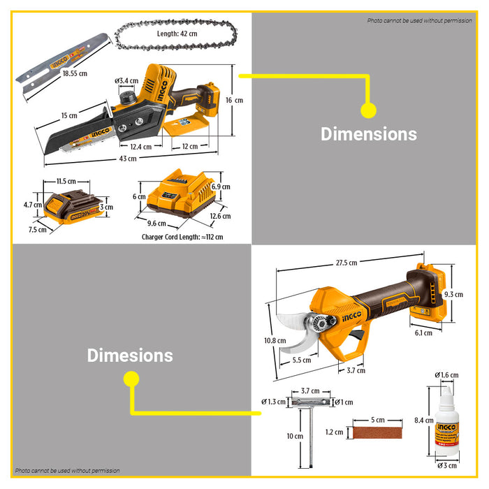 BUILDMATE Ingco 20V Lithium-Ion Cordless Gauge Straight Shear Combo Kit Mini Chain Saw & Gauge Straight Shear Cordless Tools Set COSLI240306 - ICPT