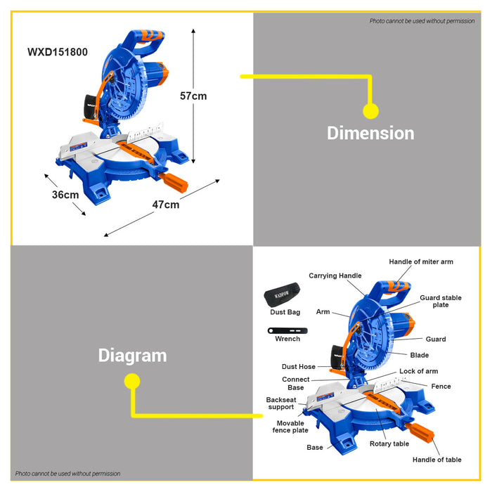 BUILDMATE Wadfow Mitre Saw 1200W / 1400W / 1800W with Dust Bag Wood Cutter Woodworking Cutting Machine Miter Saw  - WPT