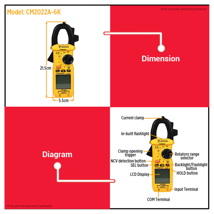 Powerhouse Digital Clamp Meter 4,000/ 6,000 Counts AC/DC Voltage 600V/CAT II  PHHT