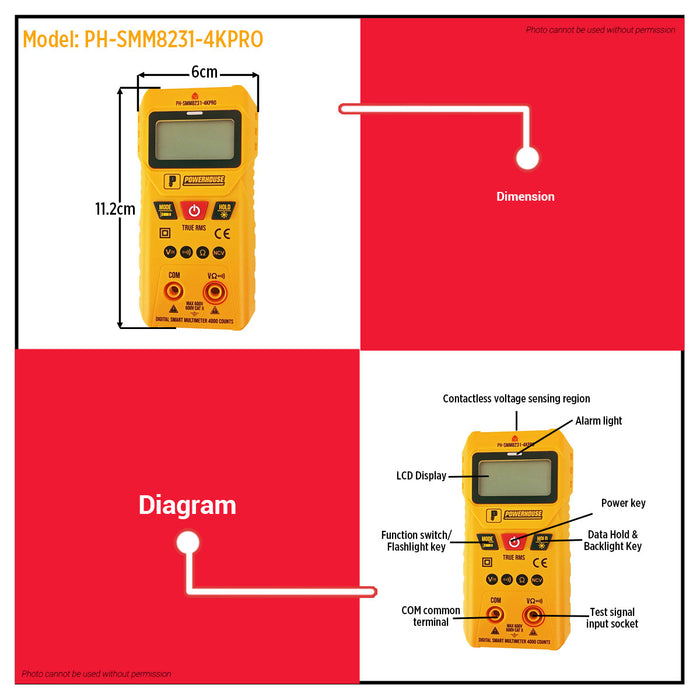 Powerhouse Digital Smart Multimeter True RMS AC DC Voltage Tester Auto Range Meter with NCV Detection for Electricians Technicians & DIY Users - PHHT