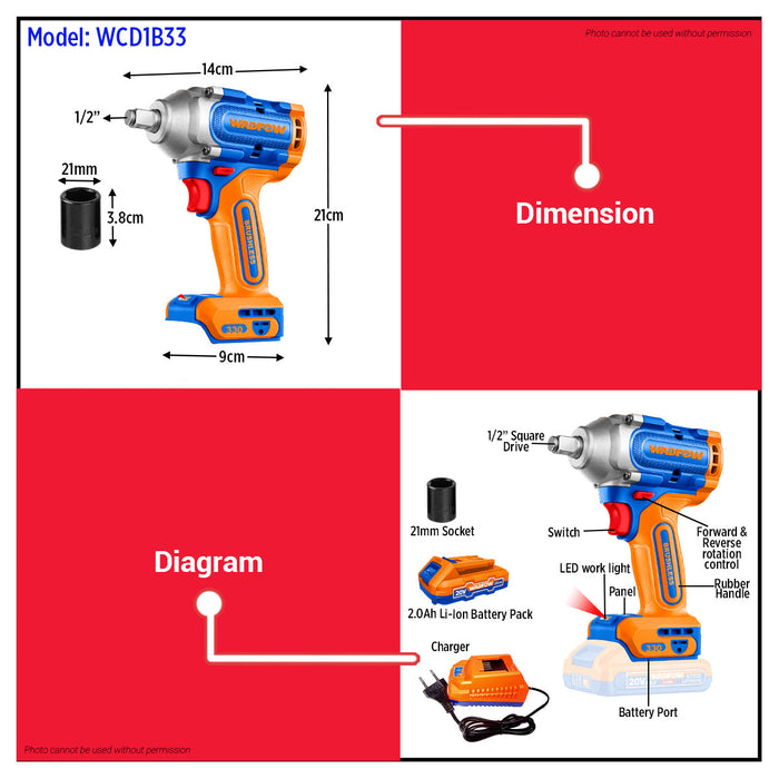 WADFOW Cordless Impact Wrench WCD1B33 WCPT