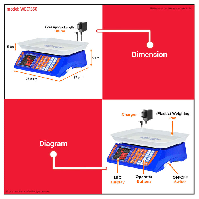 BUILDMATE Wadfow Electronic Digital Weighing Scale 30kg Rechargeable Kitchen Measuring Tool Timbangan WEC1520 - WPT