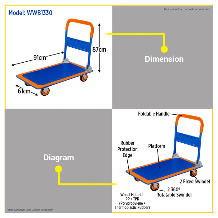BUILDMATE Wadfow Foldable Steel Platform Hand Truck 150kg / 300kg Capacity Folding Trolley Push Cart Transport Flat Bed Dolly  - WHT