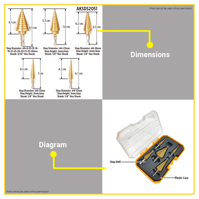 BUILDMATE Ingco Step Drill Bit Set  HSS 4341 Cone Drilling Bits for Sheet Metal Wood Plastic SOLD PER SET - IHT