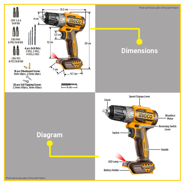 BUILDMATE Ingco 3pcs Cordless Combo Kit 20V Brushless Cordless Drill with Lithium-Ion Vacuum Cleaner & Oscillating Multi-Tool Power Tool Set COSLI240685 - ICPT