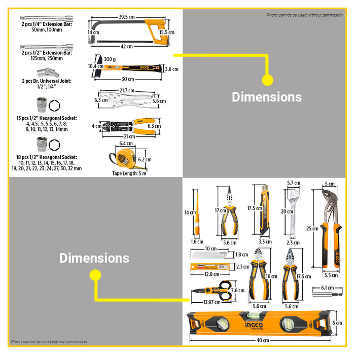 BUILDMATE Ingco 147pcs Household Hand Tools Set Pliers Wrenches Screwdriver Sockets & Measuring Tools for Repairs & DIY Tool Kit HKTHP21471 - IHT