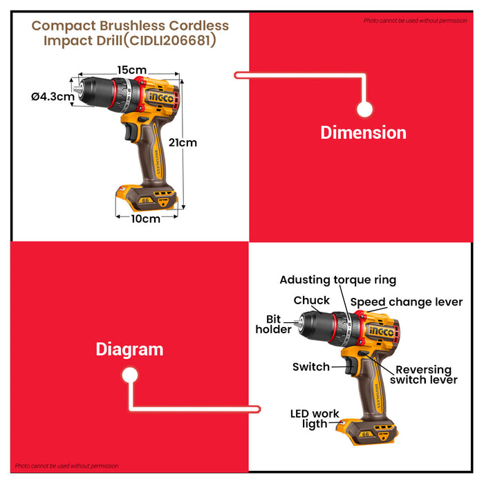 INGCO 3pcs 20V Brushless Cordless Power Tool Combo Kit with Rotary Hammer, Impact Wrench & Drill Driver Tool Set CKLI20638 - ICPT