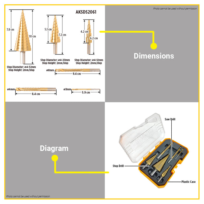BUILDMATE Ingco Step Drill Bit Set  HSS 4341 Cone Drilling Bits for Sheet Metal Wood Plastic SOLD PER SET - IHT