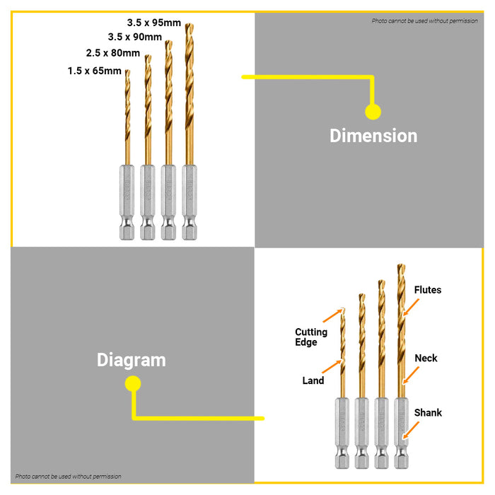 BUILDMATE Ingco 4pcs 1/4" Hex Fully Ground HSS Twist Drill Bits Set Titanium Coated Metal Wood Plastic Drilling Multi-Purpose Power Tool Accessories AKD1401 - IHT