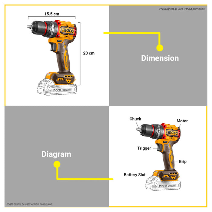 BUILDMATE Ingco 20V Compact Brushless Cordless Impact Drill 66N.m Rechargeable Portable Impact Drill Driver Tool For Automotive & Home Improvement CIDLI206681 - ICPT