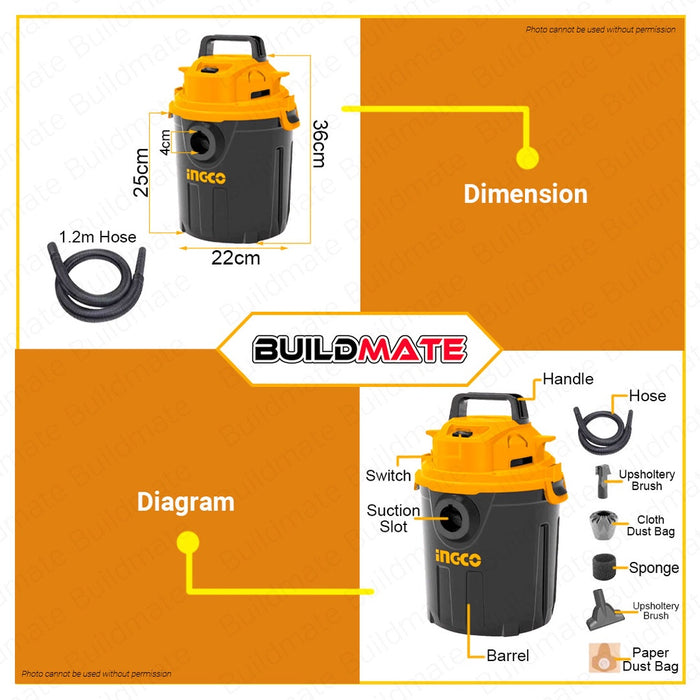 BUILDMATE Ingco Wet & Dry Vacuum Cleaner 10L 1000W With Thermo Fuse Carpet Dirt Cleaner Dust Car Home Cleaning Tool VC10101 - IPT