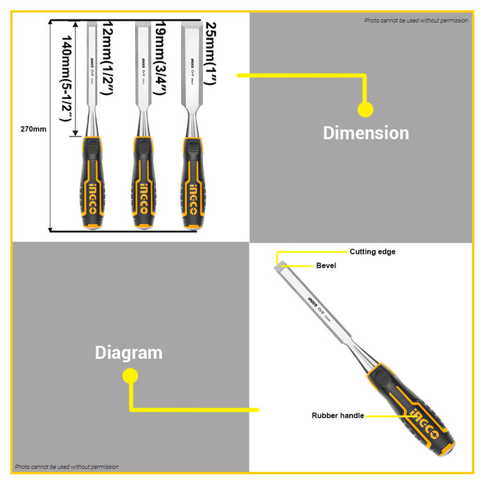 BUILDMATE Ingco 3PCS / 4PCS Wood Chisel Set 140mm Carving, Shaping or Cutting Woodworking Pait Tools Set SOLD PER SET HKTWC0401 / HKTWCS301 -IHT