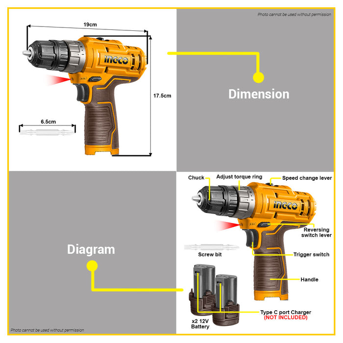 BUILDMATE Ingco 2-Speed Lithium-Ion Cordless Drill 12V with 2x Battery (Charger Sold Seperately) CDLI12202 ICPT