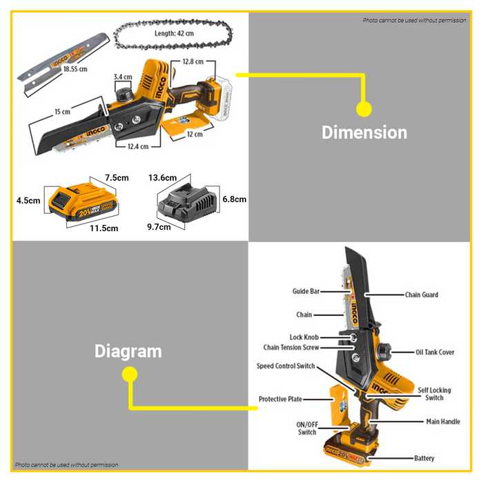 BUILDMATE Ingco Lithium-Ion Mini Chain Saw 20v CGSLI20685 - ICPT