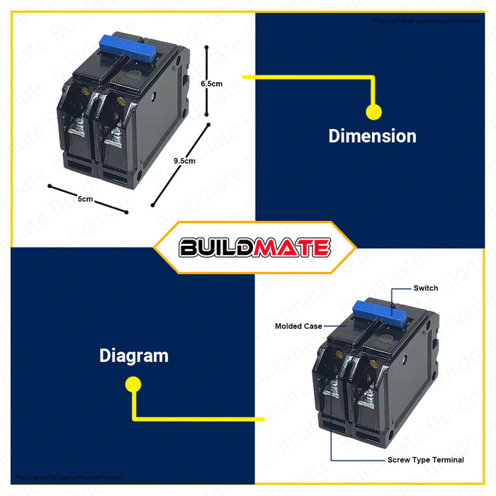 BUILDMATE Royu Mini Circuit Breaker Bolt-On Type Screw Terminal 2 Pole 15A | 20A | 30A | 40A | 60A | 100A [SOLD PER PIECE] Electrical Safety Breaker Safety Circuit Breaker Electrical Outlet Cover Electrical Circuit Safety •