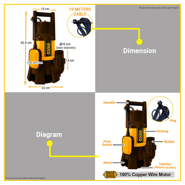 BUILDMATE Ingco 1.4HP Sewage Submersible Water Pump 1000W Wastewater Ejector Sump Pump for Dirty Water SPD10001-5 - IPT