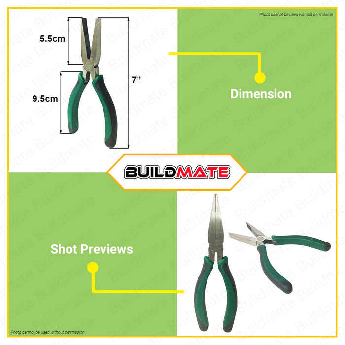 BUILDMATE Nicholson Flat Long Nose Pliers 7" Inch Flat Pliers Wire Plier Needle Nose Pliers Hand Tool Well Aligned Side Cutter Smooth Needle Nose Pliers For Bending Wire & Small Object Gripping 219035NB