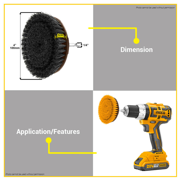 INGCO 4" Soft, Meduim and Hard Bristle Brush 100mm 1/4 Hex Shank Drill Cleaning Brush Cleaner Kit WCBS1401 | WCBM1041 | WCBH1401 •BUILDMATE• IHT